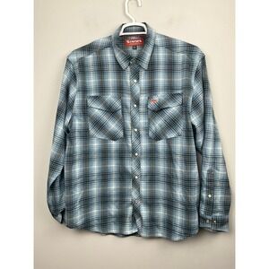 SIMMS Fishing Products Men's Plaid Flannel Long Sleeve Shirt Size L Blue